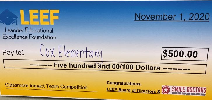 LEEF check to Cox Elementary for $500
