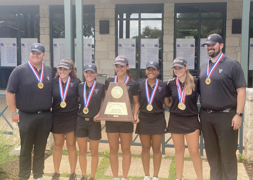 LISD UIL State golf team with winning medals and trophy