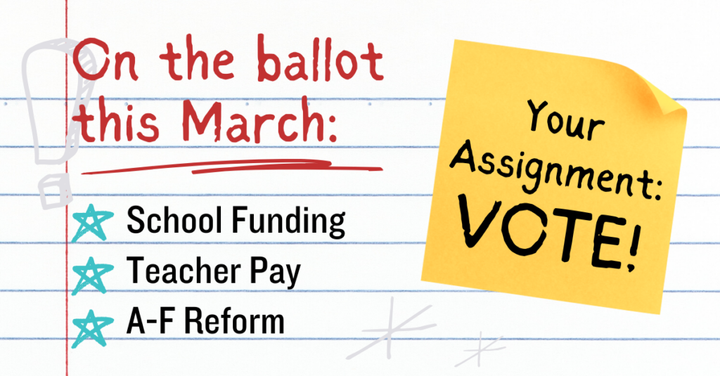On the ballot this March. School funding. Teacher Pay. A-F reform.