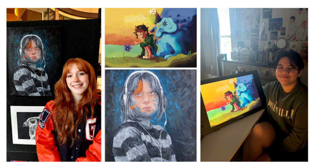 Leander ISD students selected for the Youth Art Month Exhibition pose with their artwork.