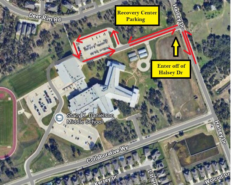 map for people visiting the recovery center indicating parking is off of Halsey Drive.