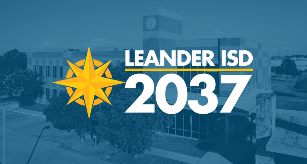 logo Leander ISD 2037 on backgrounf image of district building